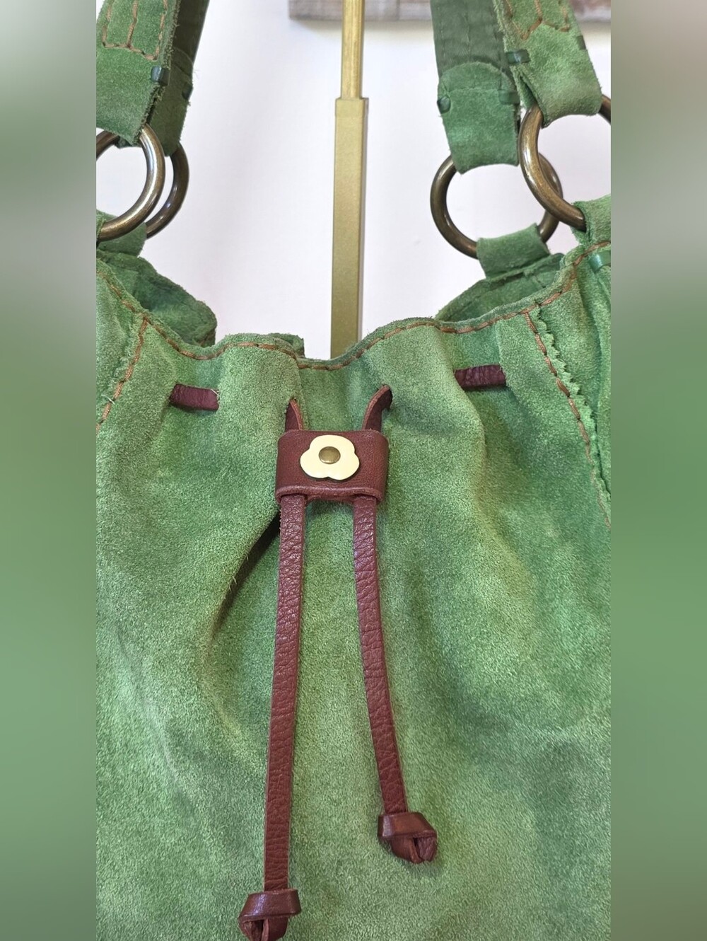 Vintage Lucky Brand Olive Green Suede Hobo Bag Floral Lining - Picture 3 of 14